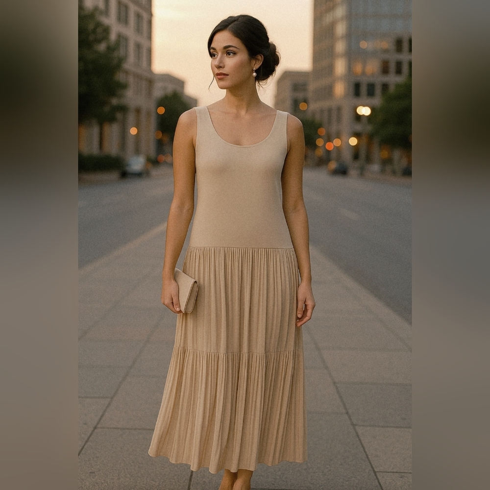 Sharade Vintage Pleated Drop-Waist Maxi Dress – Beige Taupe